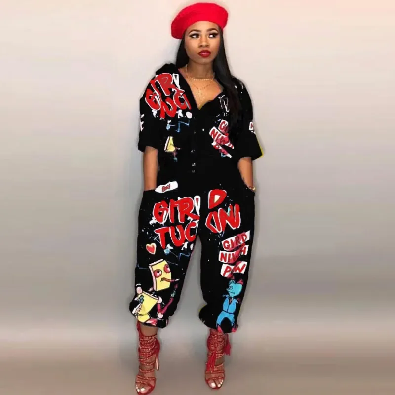 2020 w nowym stylu marka moda styl hip-hopowy kobiety kombinezon specjalny list skręcić w dół kołnierz pół rękawa kombinezon Romper — zdjęcie 2