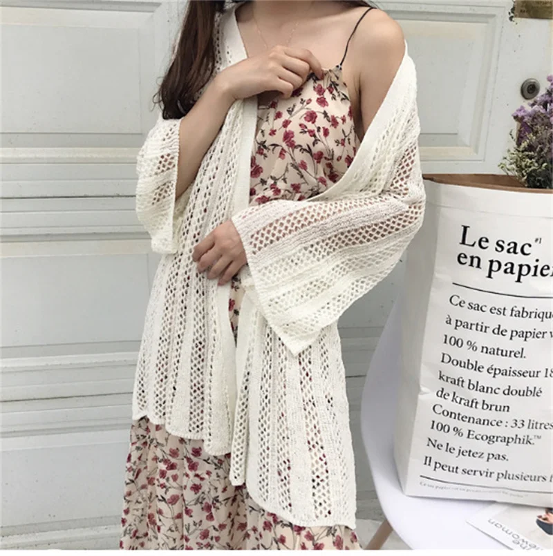 Women Long Sleeve Beach Knit Dress Female Cardigan Sexy Hollow Out Crochet Swimsuit Bikini Cover up Sarong
