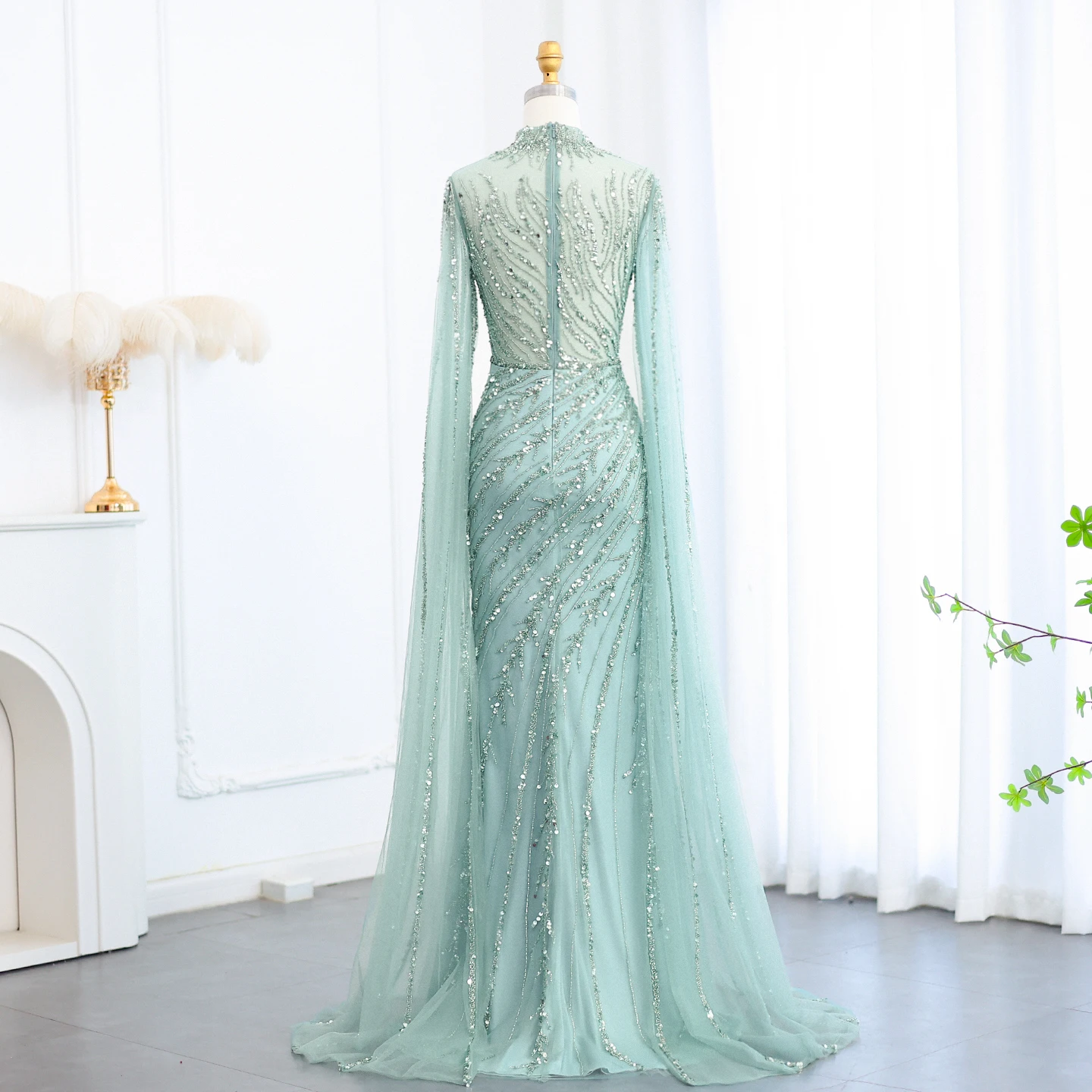 Sharon Said Luxuriöse Schwarze Nude Meerjungfrauen-Abendkleider mit Cape-Ärmeln, Hochgeschlossenem Kragen, Dubai Hochzeits-Party-Formelle Kleider SS162 Maßanfertigung – Detail 23