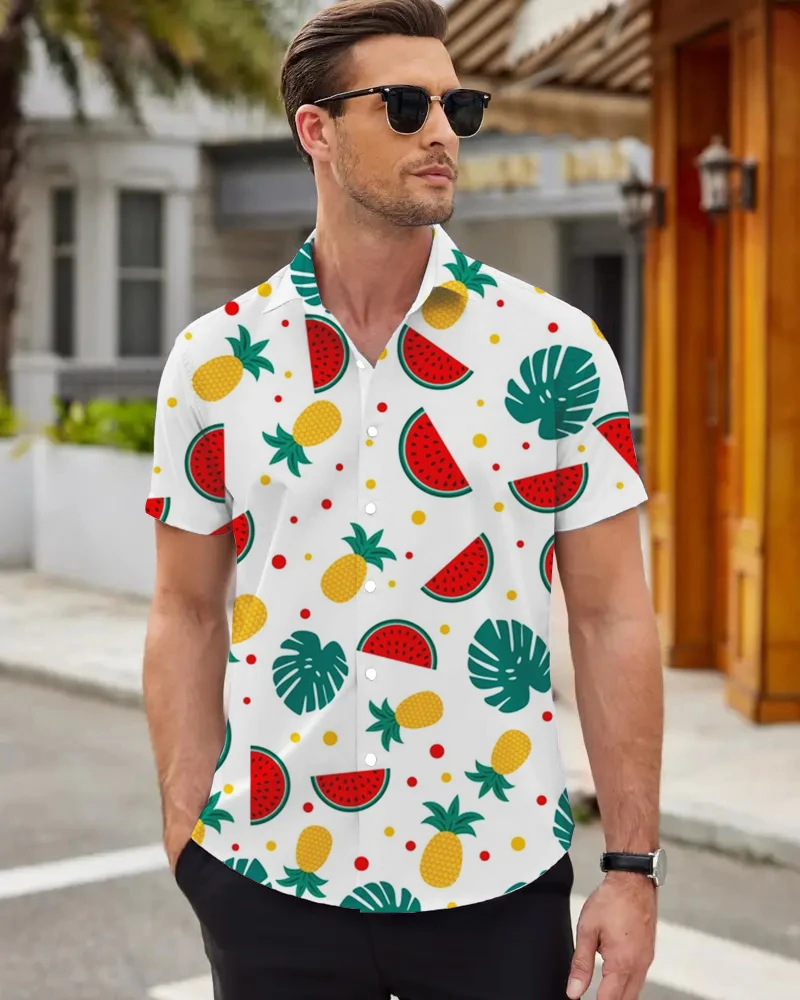 Men's Summer Short Sleeve Shirt Tropical Fruit 3D Printing Comfortable Casual Lapel Shirt Men's Beach Short Sleeve Shirt