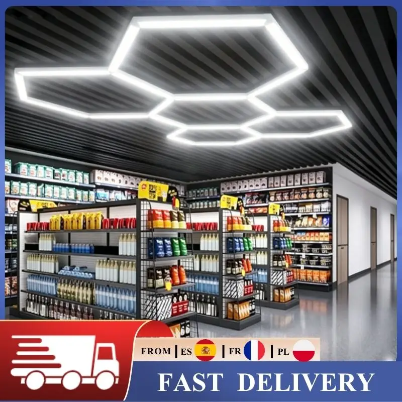 Lampes LED hexagonales modulaires DIY 220V, connectables, en forme de nid d'abeille, pour plafond de garage, installation facile, éclairage doux et lumineux pour salle de jeux, man cave, barbier,