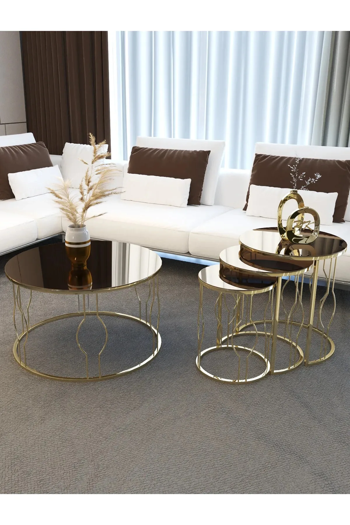 

Four Modern Center Table Set Gold Silver Color Metal, Bronze, Smoked Mirror Living Room and Living Room Table Coffee Table