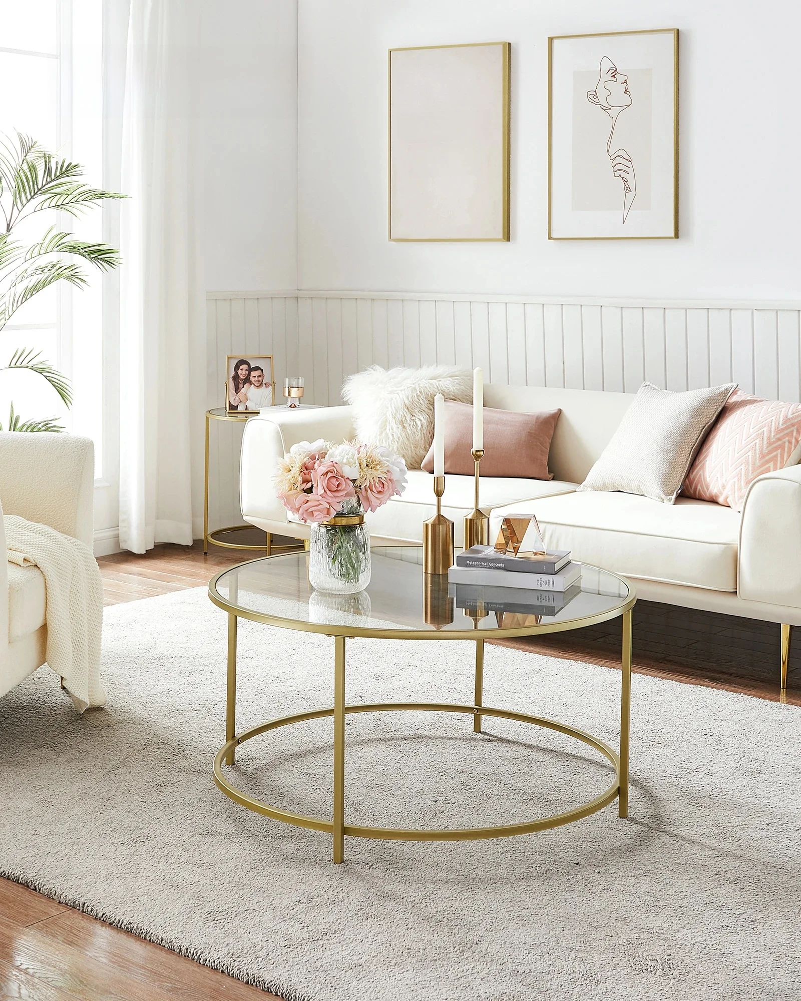 VASAGLE Couchtisch rund, Beistelltisch, Glastisch mit goldenem Eisen-Gestell, Wohnzimmertisch, Sofatisch, robustes Hartglas