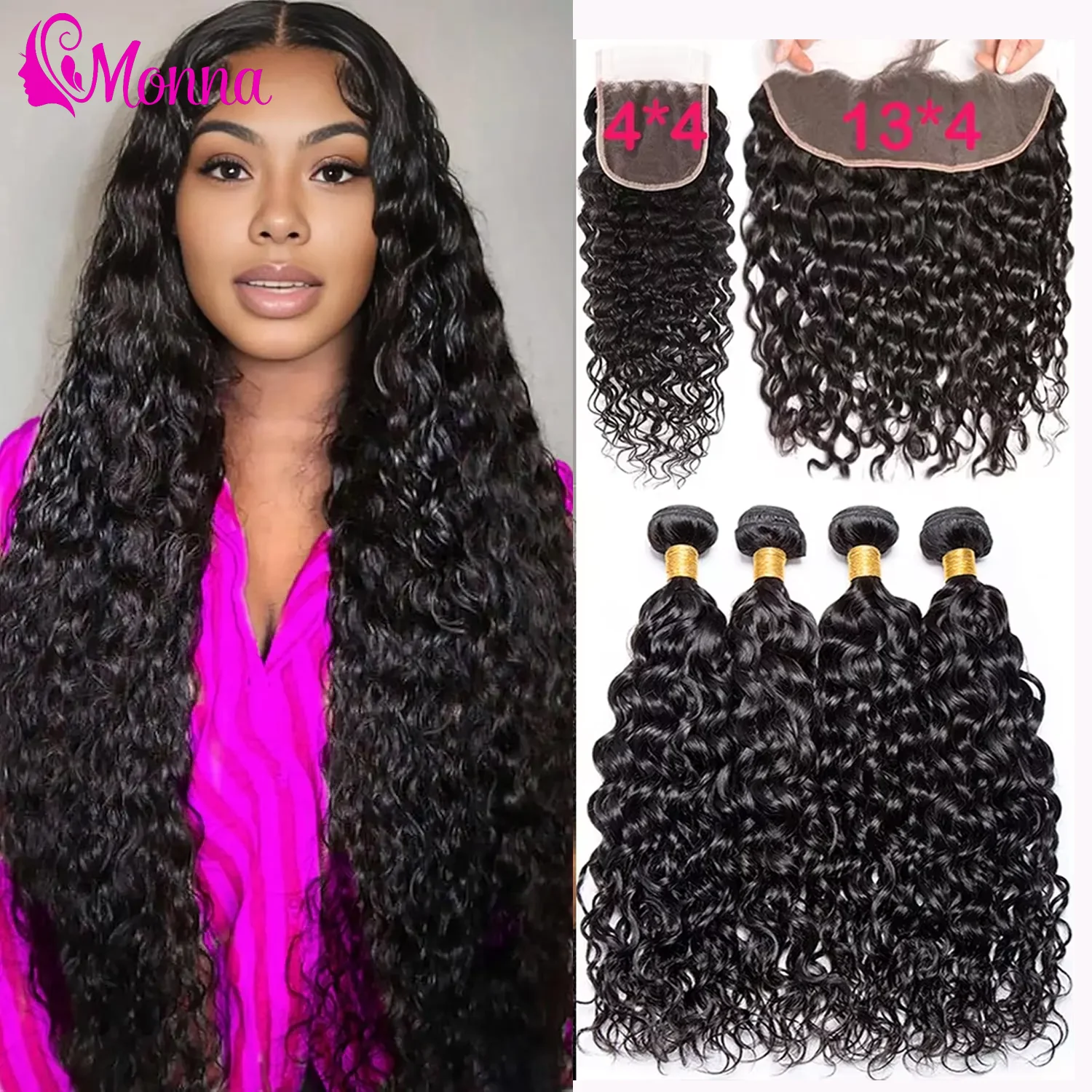

32 Inch 3pcs Water Wave Bundles with Frontal and Closure 4x4 Brazilian Deep Curly Bundles with Closure For Extension Virgin Hair
