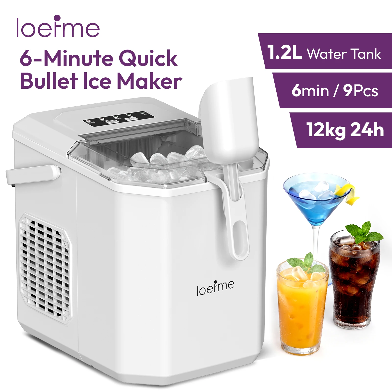 LOEFME IJsblokjesmachine 15kg/24u 16 IJsblokjes in 6-20 Min Digitaal Display Timer 1,5L Waterreservoir met Instelbare Ijsdikte