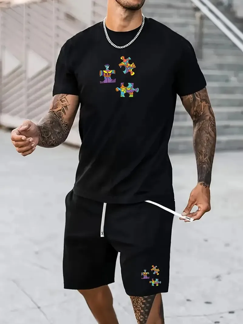 New Men's Short Sleeve Suit Fashion Trend Printed T-shirt and Shorts Two Piece Summer Men's Comfortable Casual Sportswear Loose