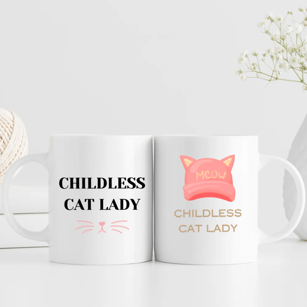 

2 pcs 3A grade 11 oz Childless Cat Lady 2024 ceramic coffee mug for room Halloween decoration Birthday Christmas Holiday gift