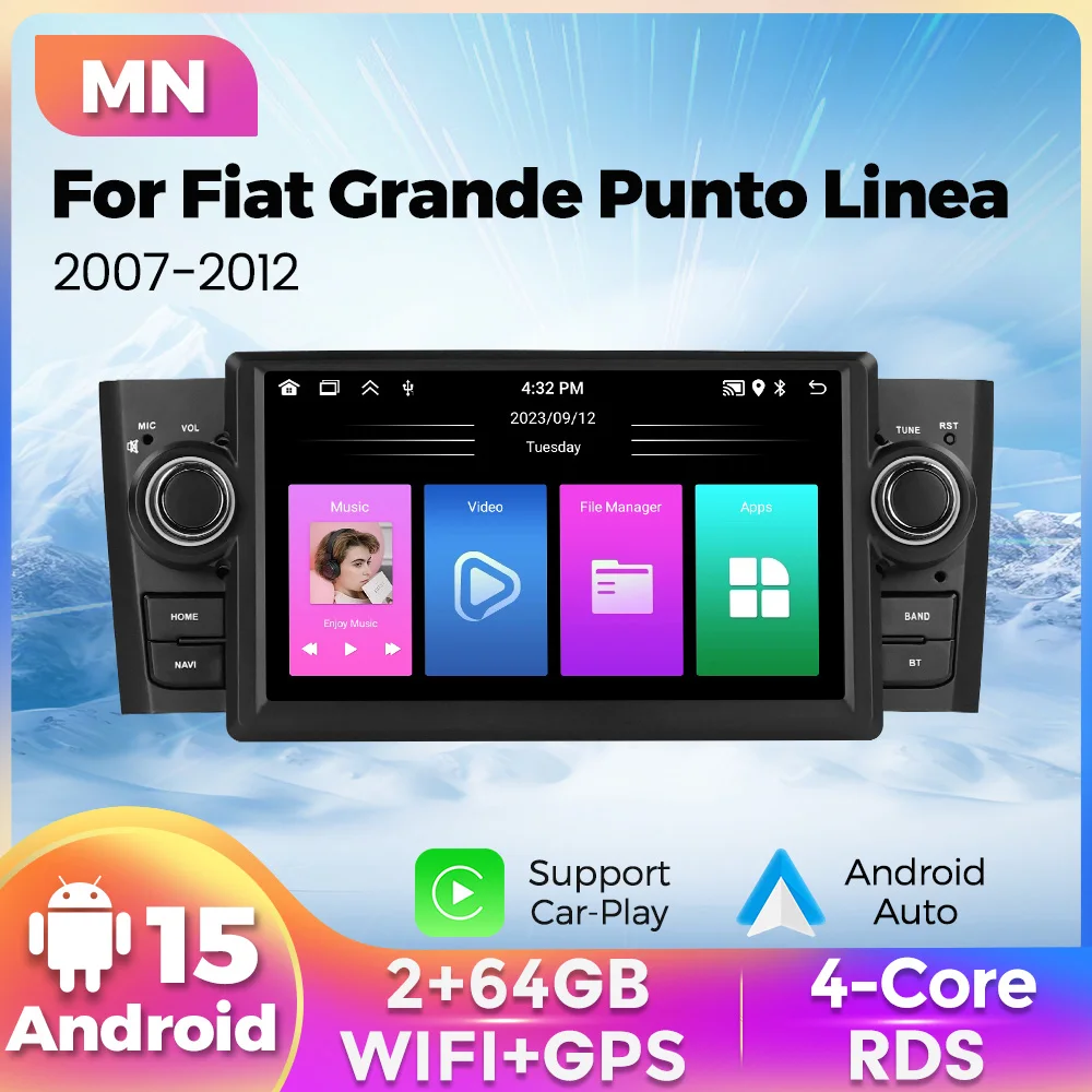 Autoradio 1 Din Android 15 Carplay AUTO For Fiat Grande Punto Linea 2007-2015 Car Radio GPS Navigation Multimedia Stereo Audio
