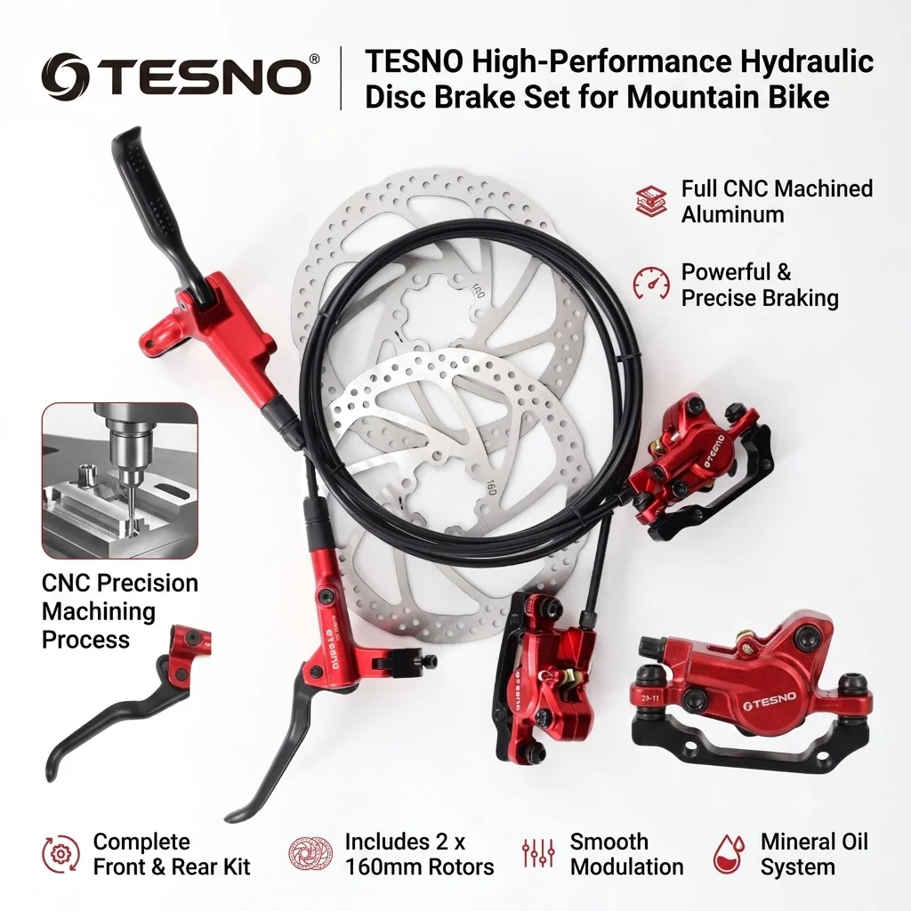 

TESNO MTB Hydraulic Disc Brake 2 Piston Lightweight E-bike/Bike Brakes 160mm Rotor Caliper Front Rear 1000/1800mm oil Brake Set