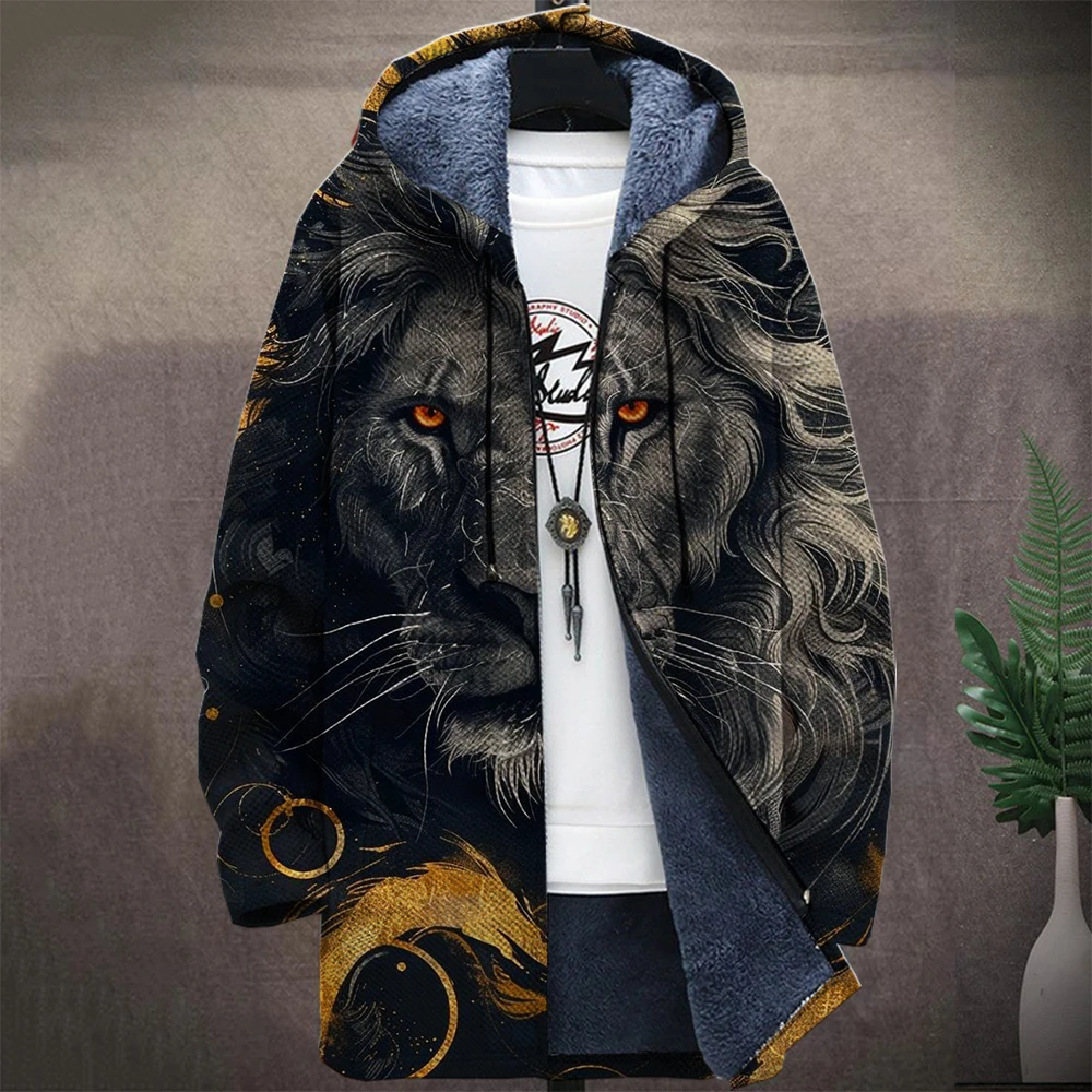 Men'S Animal Graphic Winter Lions Coat Print Pattern Knitted Sweater Cardigan Zipper Hooded With Thick Fleece For Youth