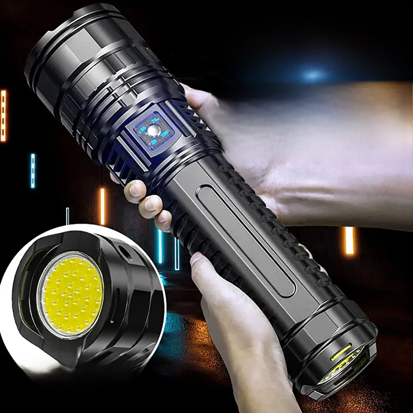 Ultrahelle Taschenlampe, eingebauter Akku, Blitzlicht, Notfallstrahler, 5 km, 1500 W, leistungsstärkste LED-Taschenlampen, taktisch