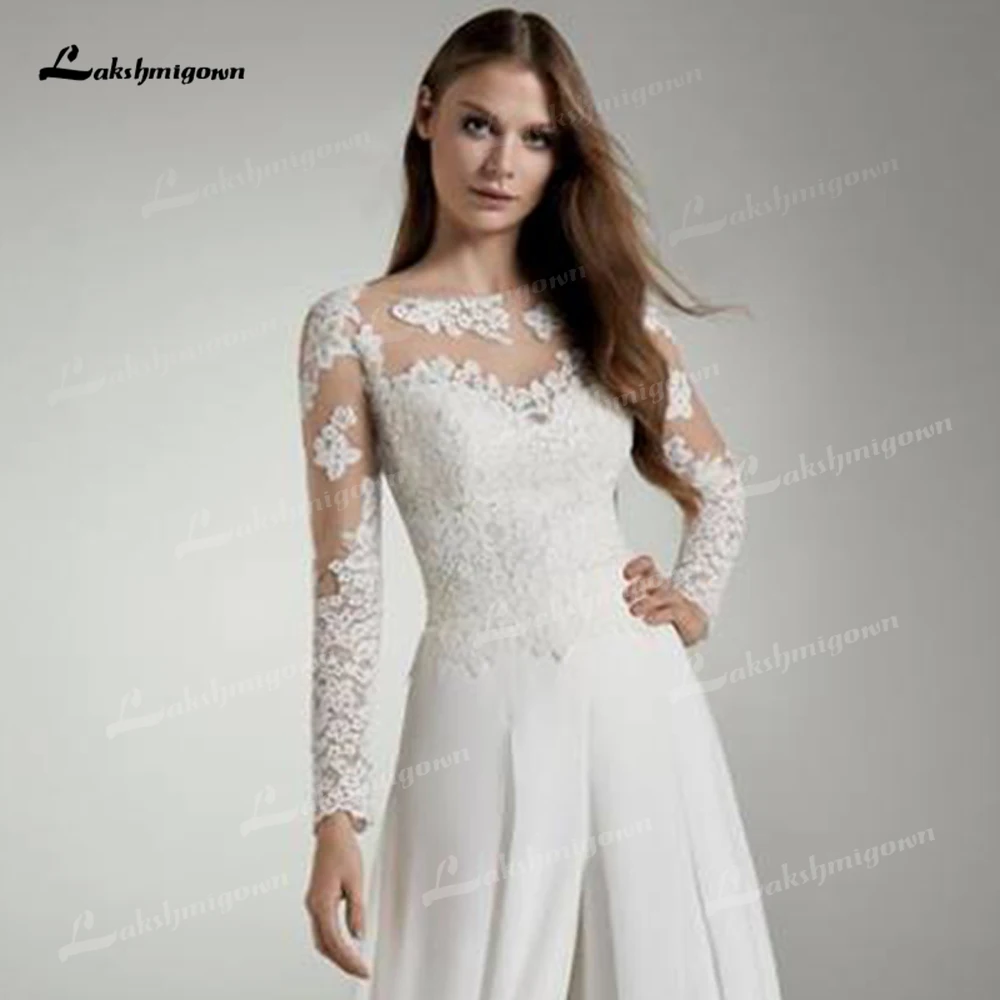 Kant Wedding Bridal Jumpsuits Lange Mouwen Sheer Jewel Sheer Hals Applique Chiffon Pakken Trouwjurken Robe De Mariee