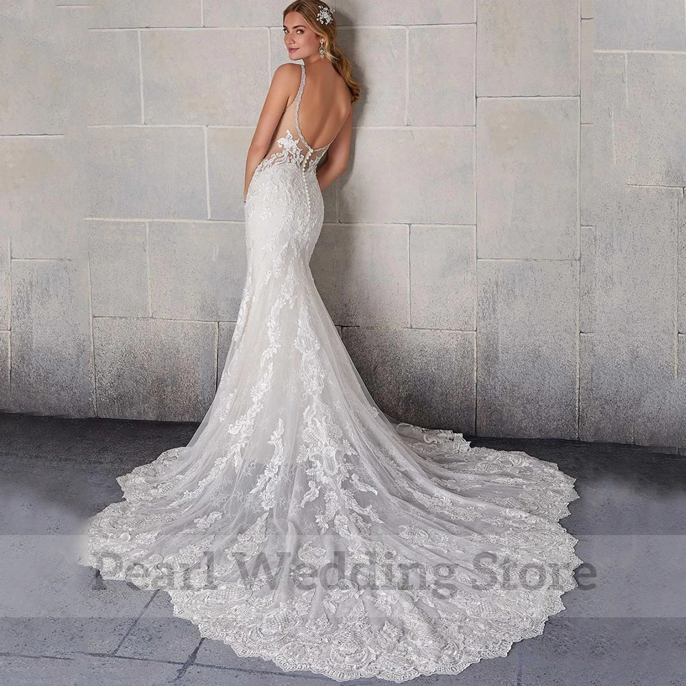 Exquisite Sleeveless Applique Wedding Dress V-Neck Beading Illusion Sexy Backless Mermaid Bridal Beach Marriage Gowns Robe