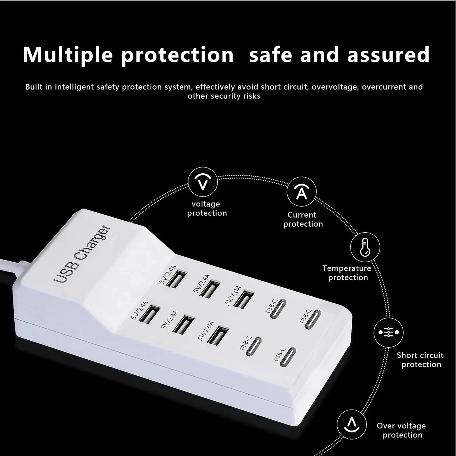 10-Ports 50W/10A USB Charging Station Multi Port USB C Hub Charger for Cellphone Tablet Multiple Devices Extension Socket