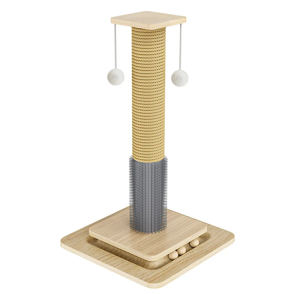 Katzenspielzeug aus Massivholz: Lustiger Katzen-Drehstuhl mit zwei interaktiven Hängebällen, robustes Sisal-Kratzboard, Katzenbedarf, Kratzsäule