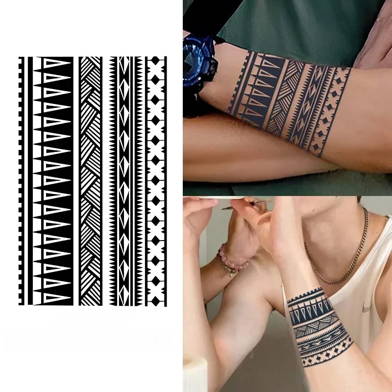 Bracelet à motifs géométriques, tatouage temporaire imperméable, durable pour 1 à 2 semaines, faux tatouage Semi-Permanent réaliste, 1 pièce