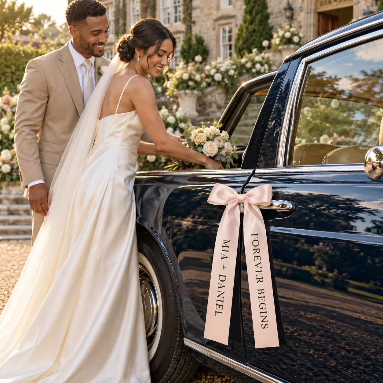 Custom Printed Satin Bow Wedding Car Handle Ribbon Personalized Names Message Bridal Vehicle Decor Wedding Photo Booth Prop
