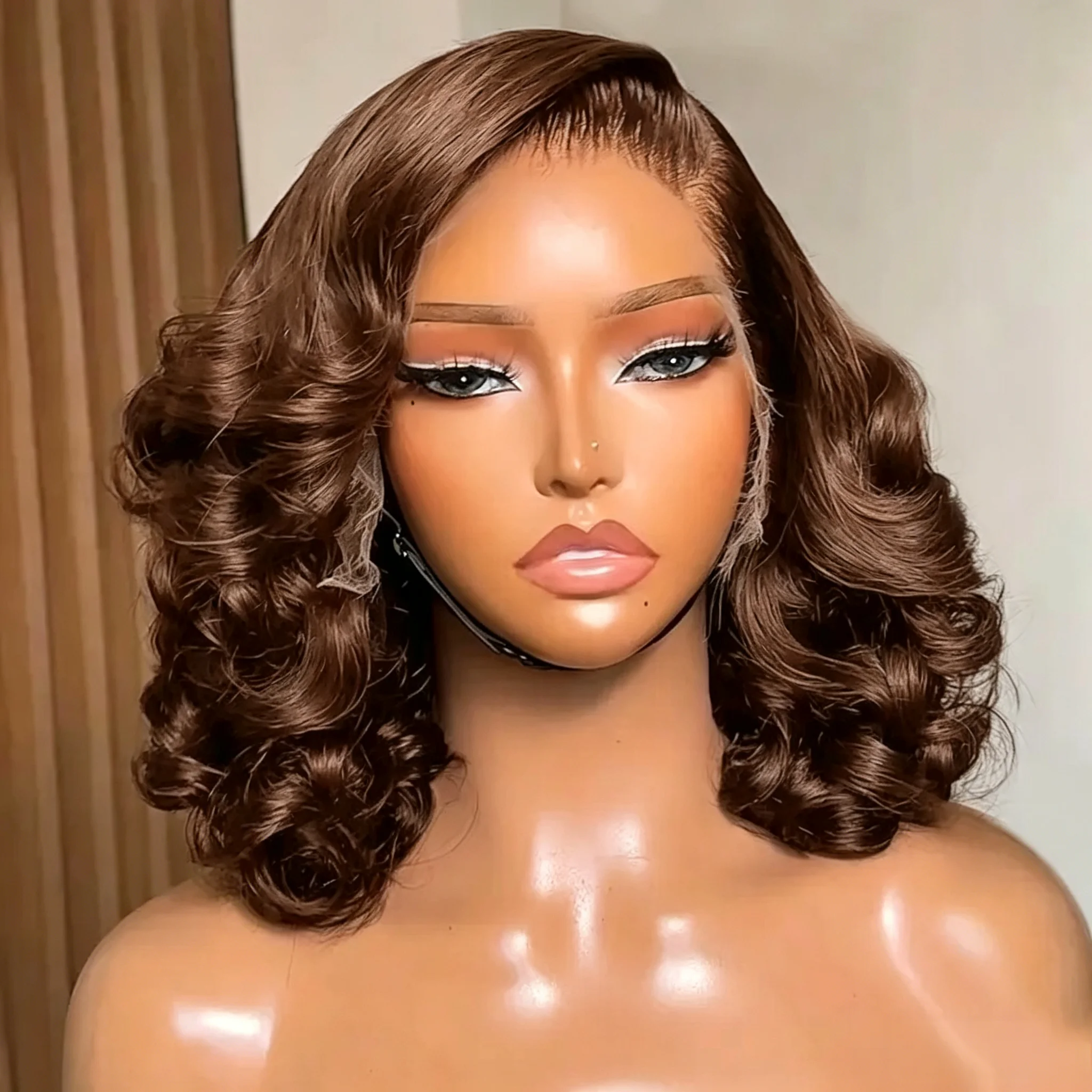 Chestnut Brown Short Bob Human Hair Wigs Transparent Chocolate Brown Body Wave 13x4 Full Lace Frontal Natural Hairline Pre Pluck