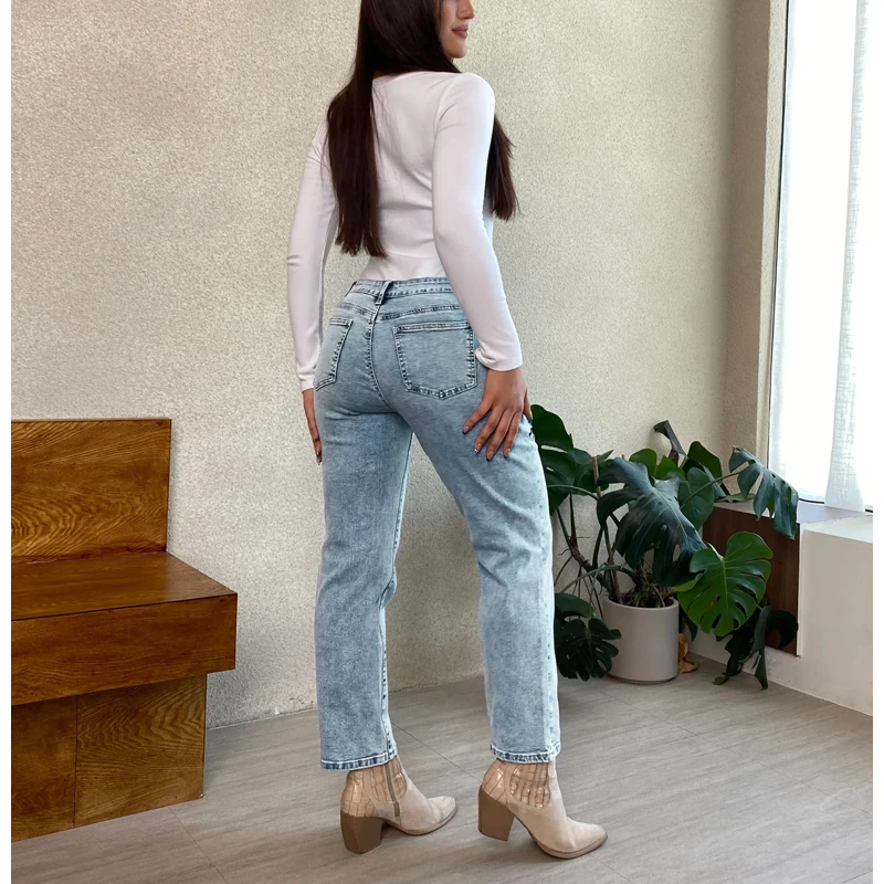 New Slimming Girlfriend Ankle Denim Jeans Flora-Embroidered High Stretchy Ladies Pants Mid Rise Straight Leg Mom's Trousers T49