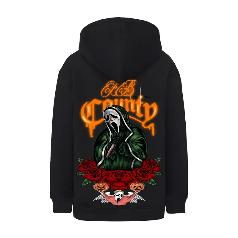Sudaderas con capucha con cremallera y gráfico de Halloween de gran tamaño de peso pesado del condado Sudadera con capucha de Halloween para hombres y mujeres Regalo de Halloween unisex