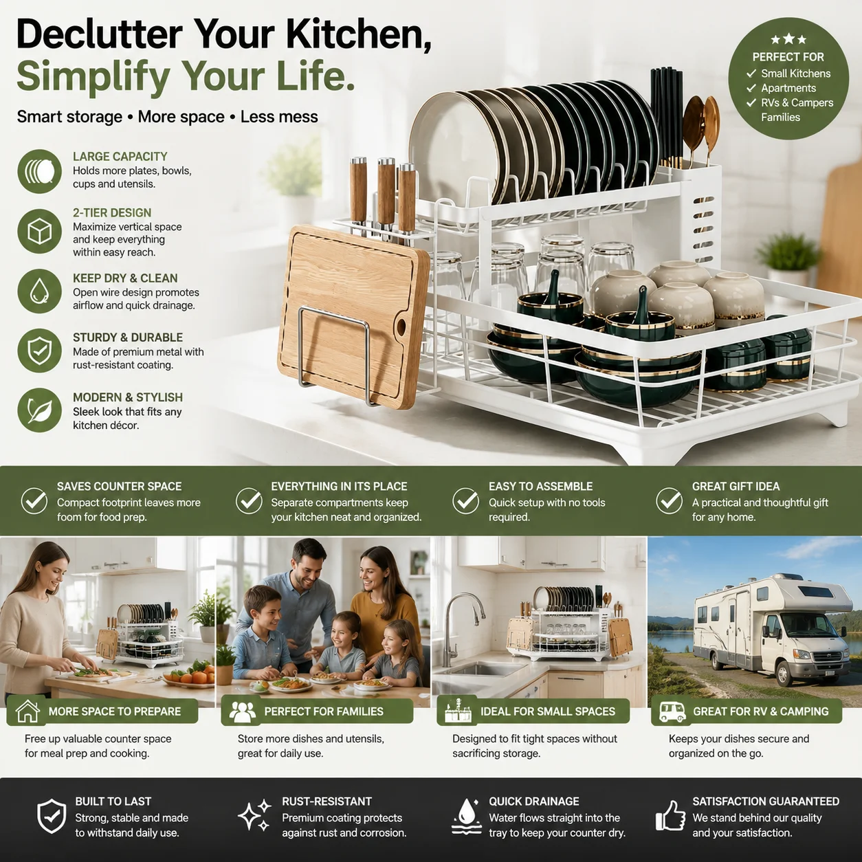 White 2-Tier Metal Dish Drying Rack with Drain Tray, All-in-One Kitchen Dish Organizer with Knife Slot, Utensil Holder and Cutting Board Holder for Plates Bowls Glasses