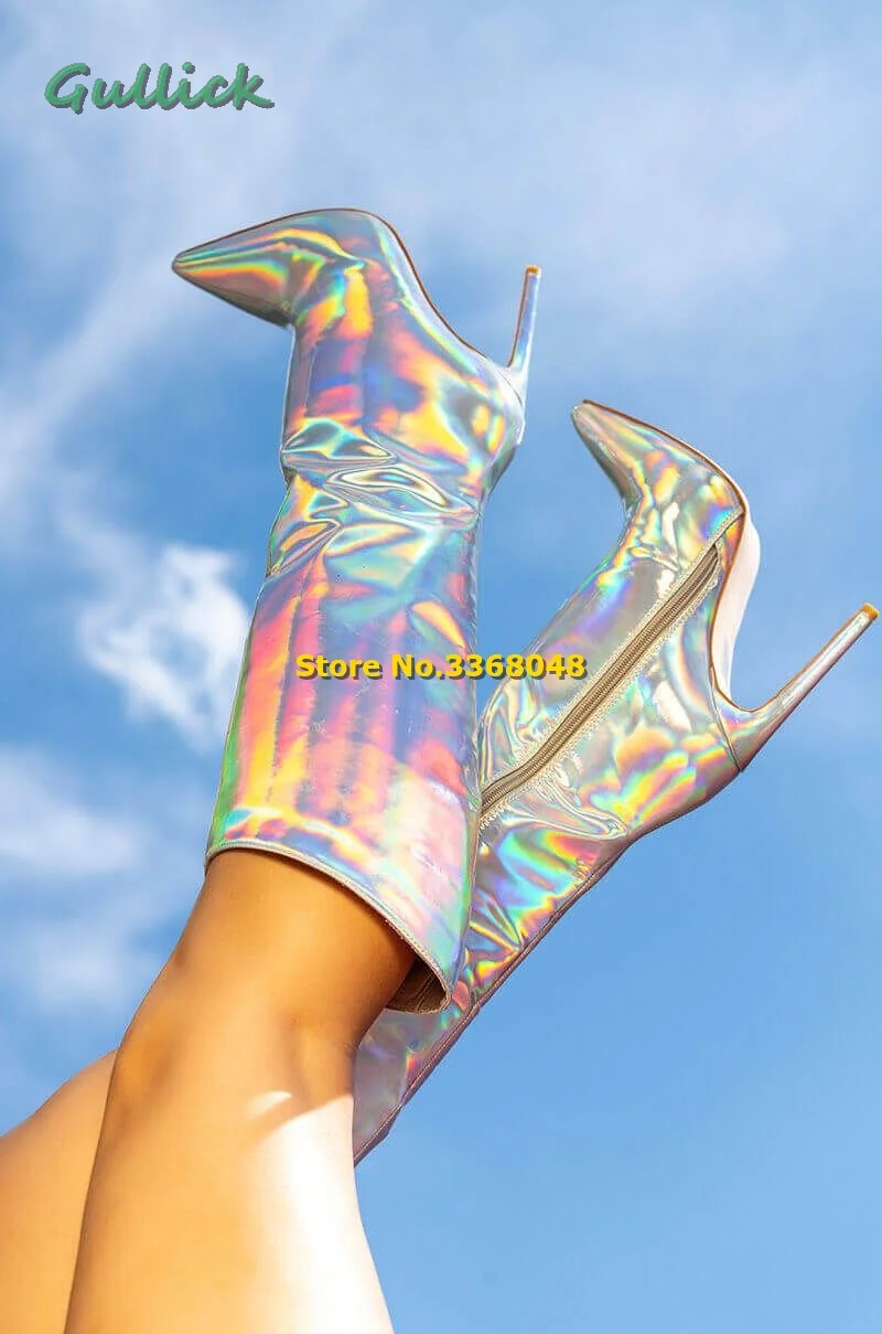 

Глянцевые кожаные сапоги до колена из металлизированной кожи на молнии на высоком каблуке-шпильке Сексуальные модные зимние сапоги с острым носком розового, красного, серебристого, оранжевого цвета