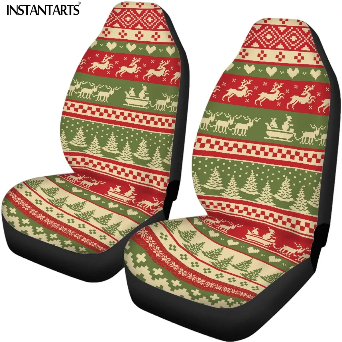 INSTANTARTS Christmas Elk Prints Auto Front and Back Seat Cover Durable Breathable Protector Cushion Uniserval Size Fit Most Car