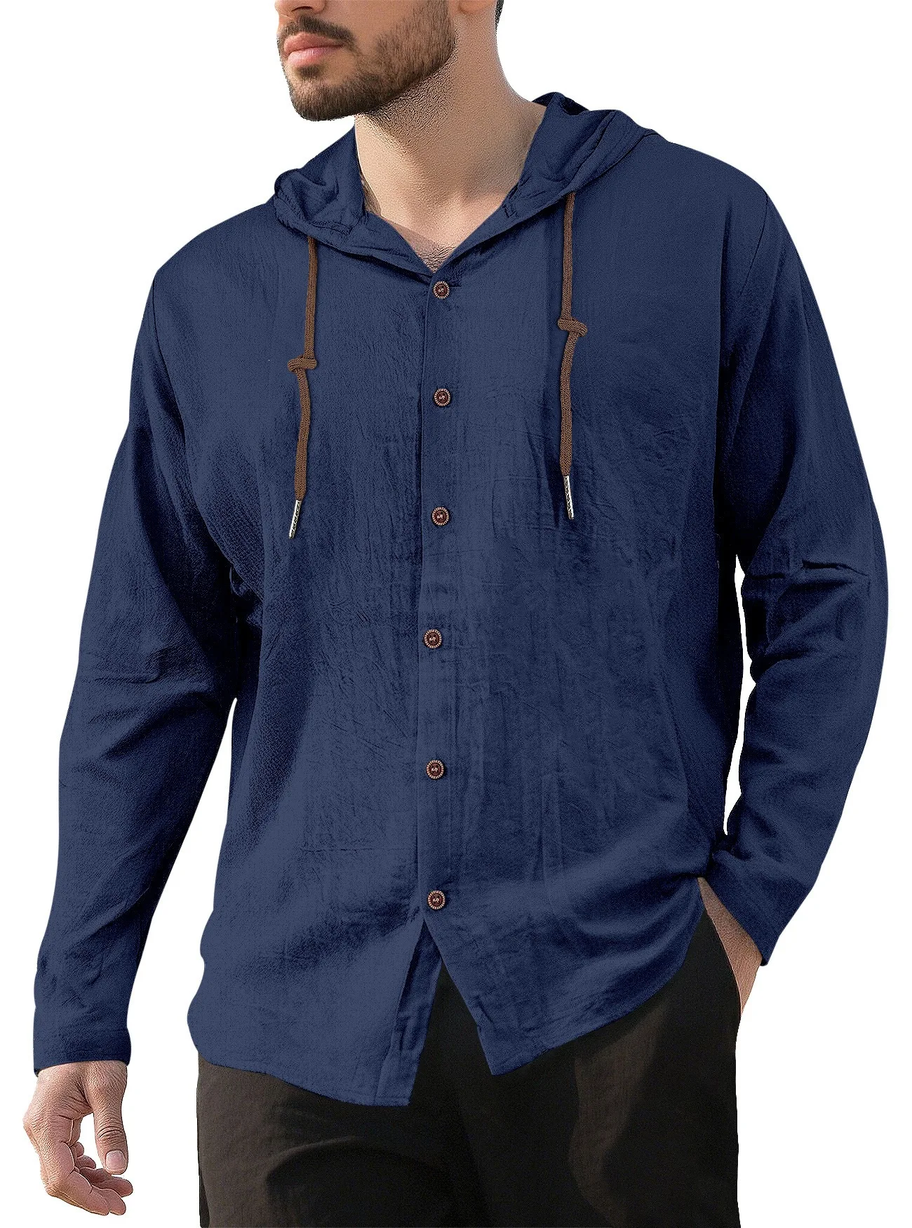 Men's casual long-sleeved shirt, cotton and linen T-shirt, hooded, trendy, versatile, loose-fitting beach hoodie