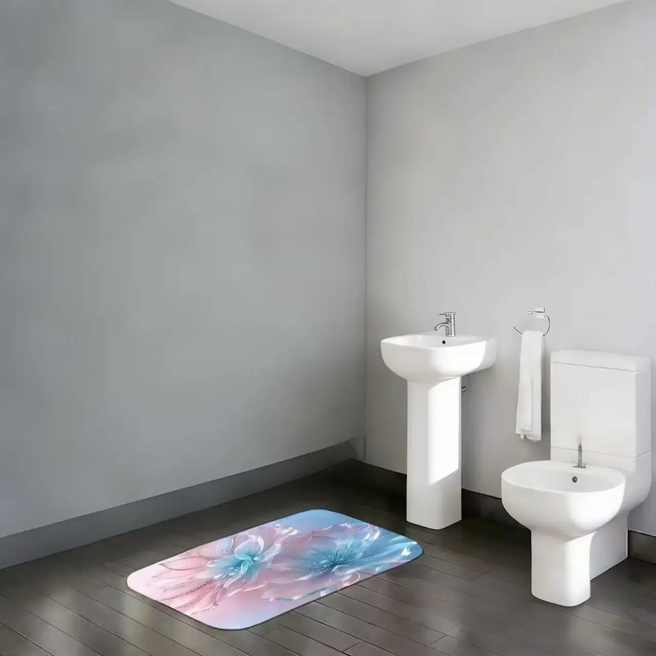 Pastel Gradient Flower Bath Mat: Soft Pink & Blue Floral Print Non-Slip Rug for Romantic Bathroom Decor