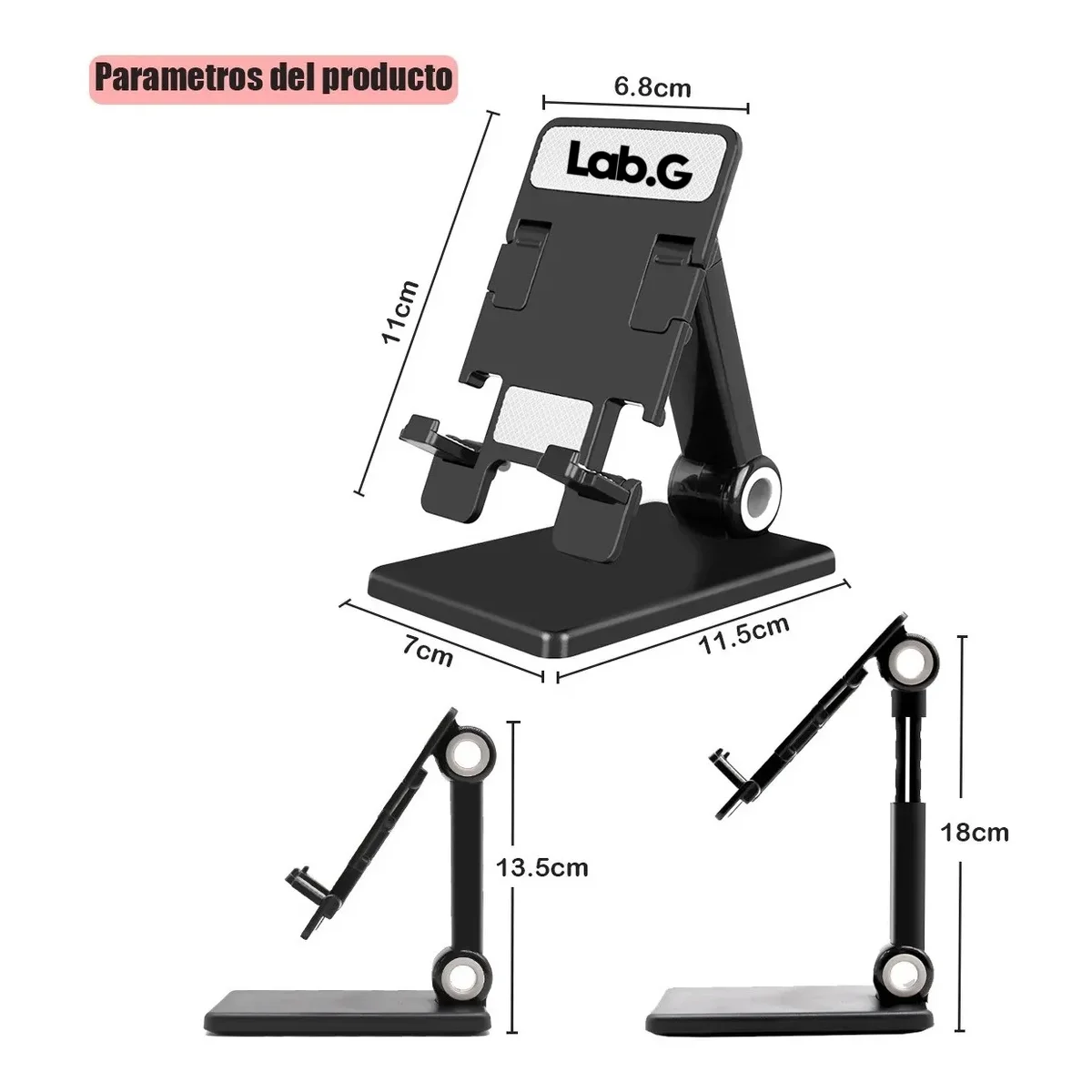 حامل مكتبي للهاتف الخلوي قابل للطي وقابل للتعديل، مختبر أسود.
