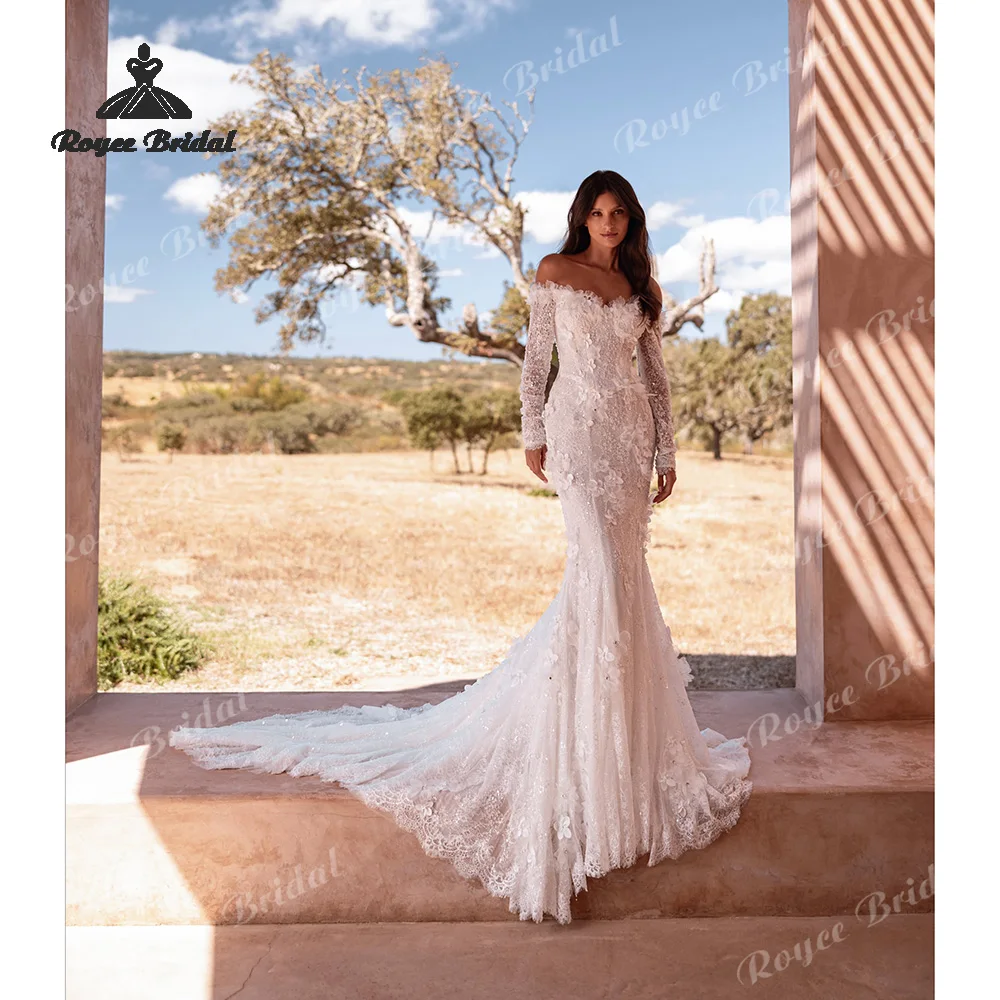 

Свадебное платье-русалка с 3D цветочным кружевом и бисерной отделкой, с открытыми плечами и аппликациями, свадебное платье для невесты.