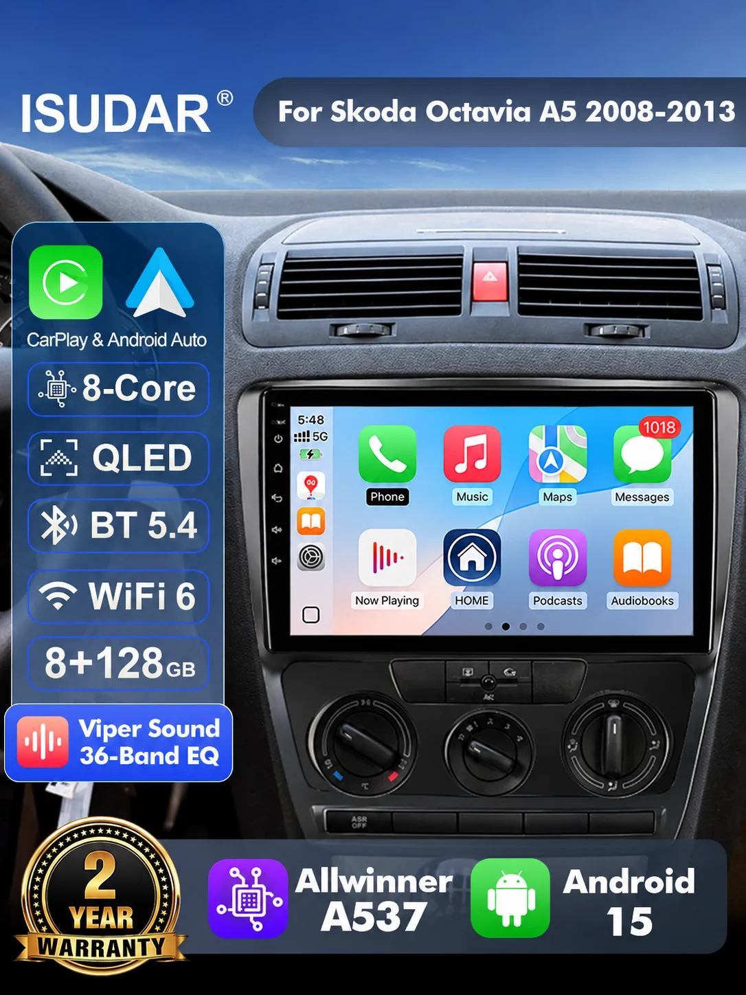 ISUDAR T57 Android 15 Radio For Skoda Octavia 2 A5 2008-2013 Multimedia Player CarPlay Android Auto Head Unit Camera DSP Stereo