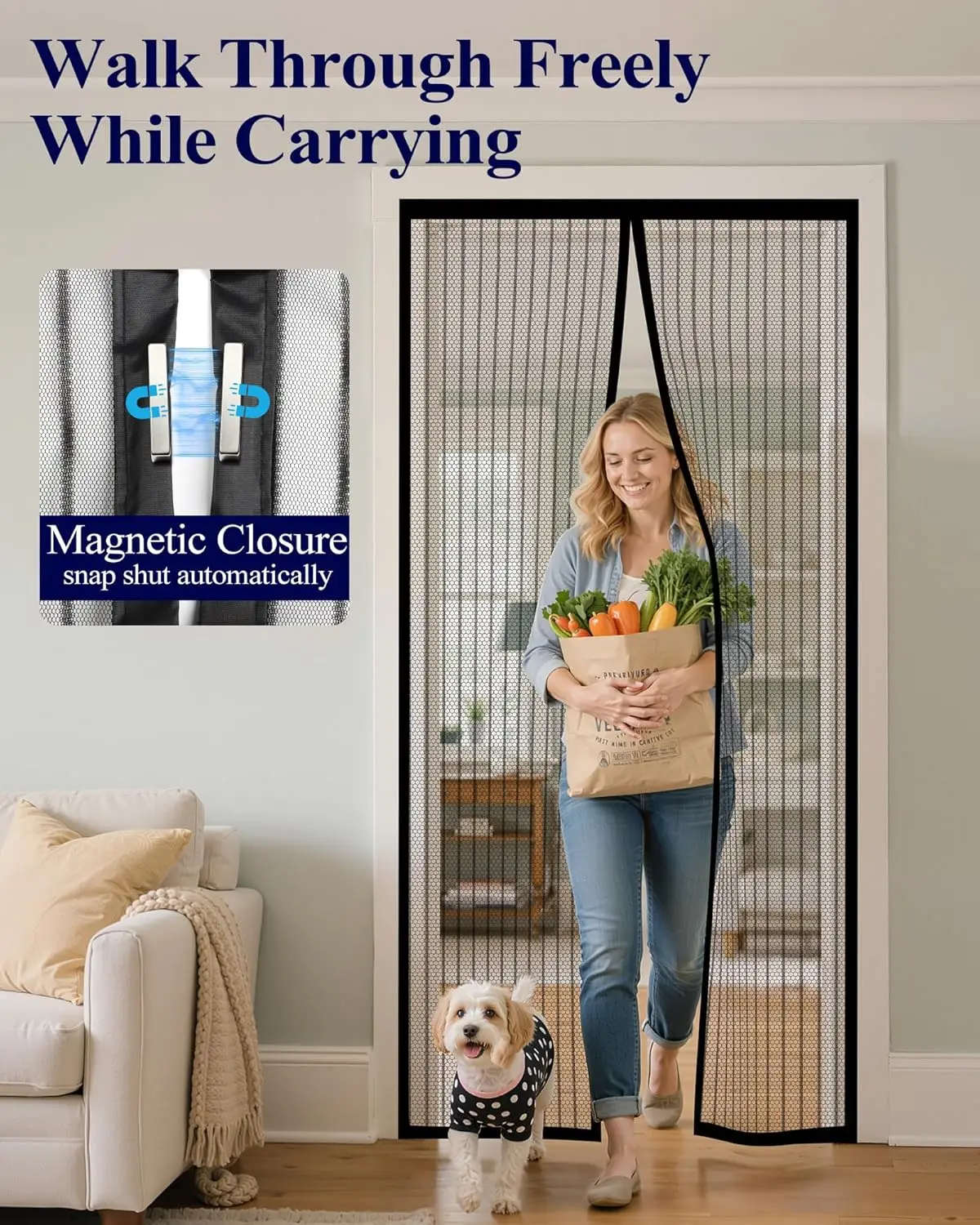 Magnetic Screen Door Mesh, 38 x 82 in, Hands-Free Closure | Keeps Bugs Out, Strong Magnets & Self Sealing, Easy Assemble, Pet Kid Friendly for Front Sliding Door