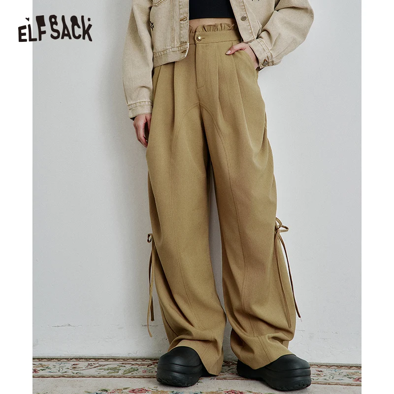 

ELFSACK 2025 Spring New Arrivals Vintage Khaki Drawstring Casual Wide Leg Pants Women Loose Straight Lady Pants