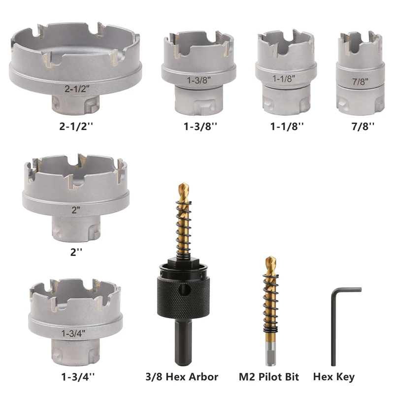 Vearter 9Pcs/Set Quick Change Carbide Hole Saw Cutter Kit, 7-8'' - 2-1/2'' With Pilot Drill Bit For Stainless Steel Sheet Metal