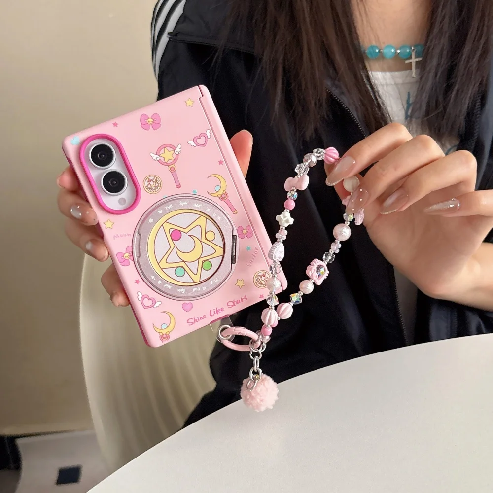 Kawaii Sweet Magic Wand Cartoon Magnetic Holder Phone Case for Samsung Galaxy Z Fold 8 with Charm, Fashion Pink Shockproof Cases