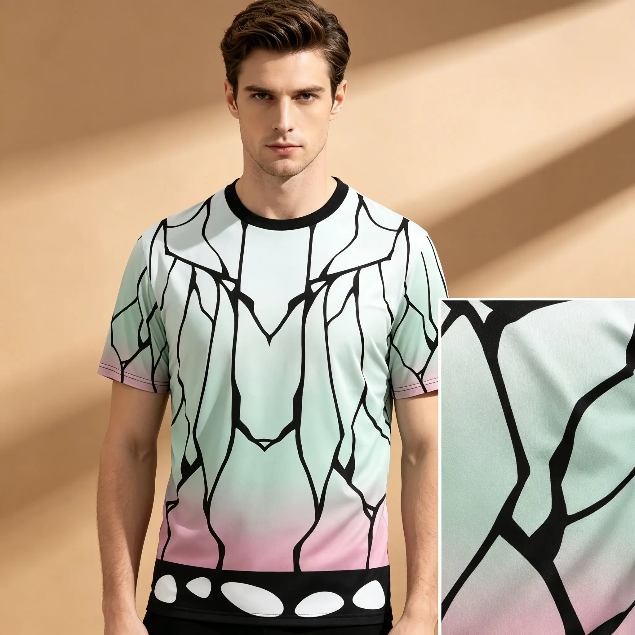 Herren-T-Shirt mit Demon Slayer Shinobu Kocho Butterfly Gradient Full Print, Mint Pink Anime Cosplay Otaku Kurzarm-Freizeit-T-Shirt – Detail 6