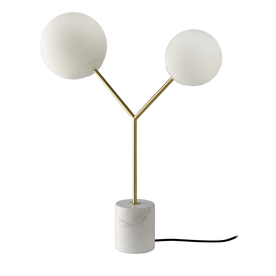 Tabletop lamp 8050 Angel Cerdá-table lamp with similar calacatta porcelain marble base, gold steel body. Two white tinted crystal bulbs