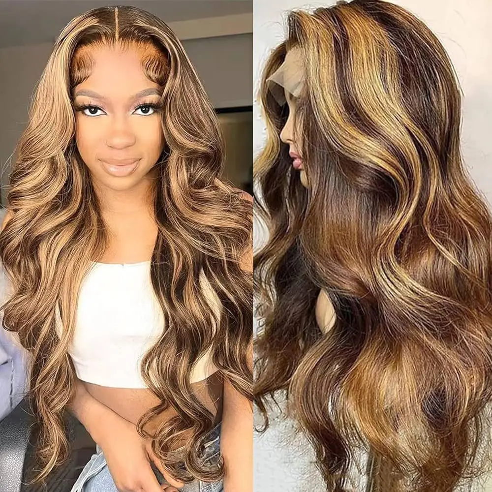 Highlight-Perücke, 13 x 4 HD-Spitze-Frontal-Perücke, honigblond, gewellt, Spitze-Front-Echthaar-Perücken für Frauen, 30 32 Zoll, Körperwellen-Spitzenperücke