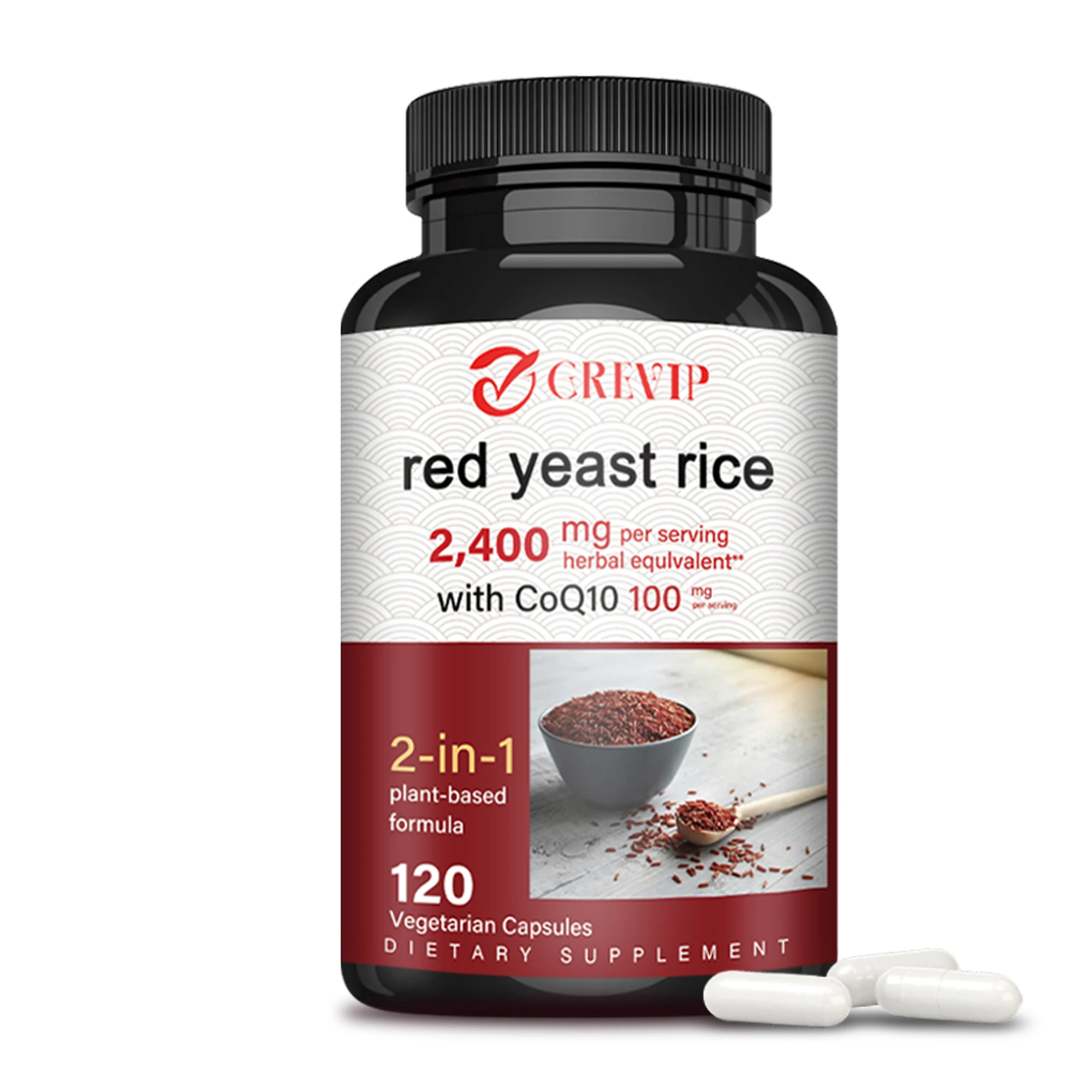 Arroz de levadura roja con CoQ10, promueve la producción de energía, apoya el corazón, salud Cardiovascular, antioxidante-120 cápsulas