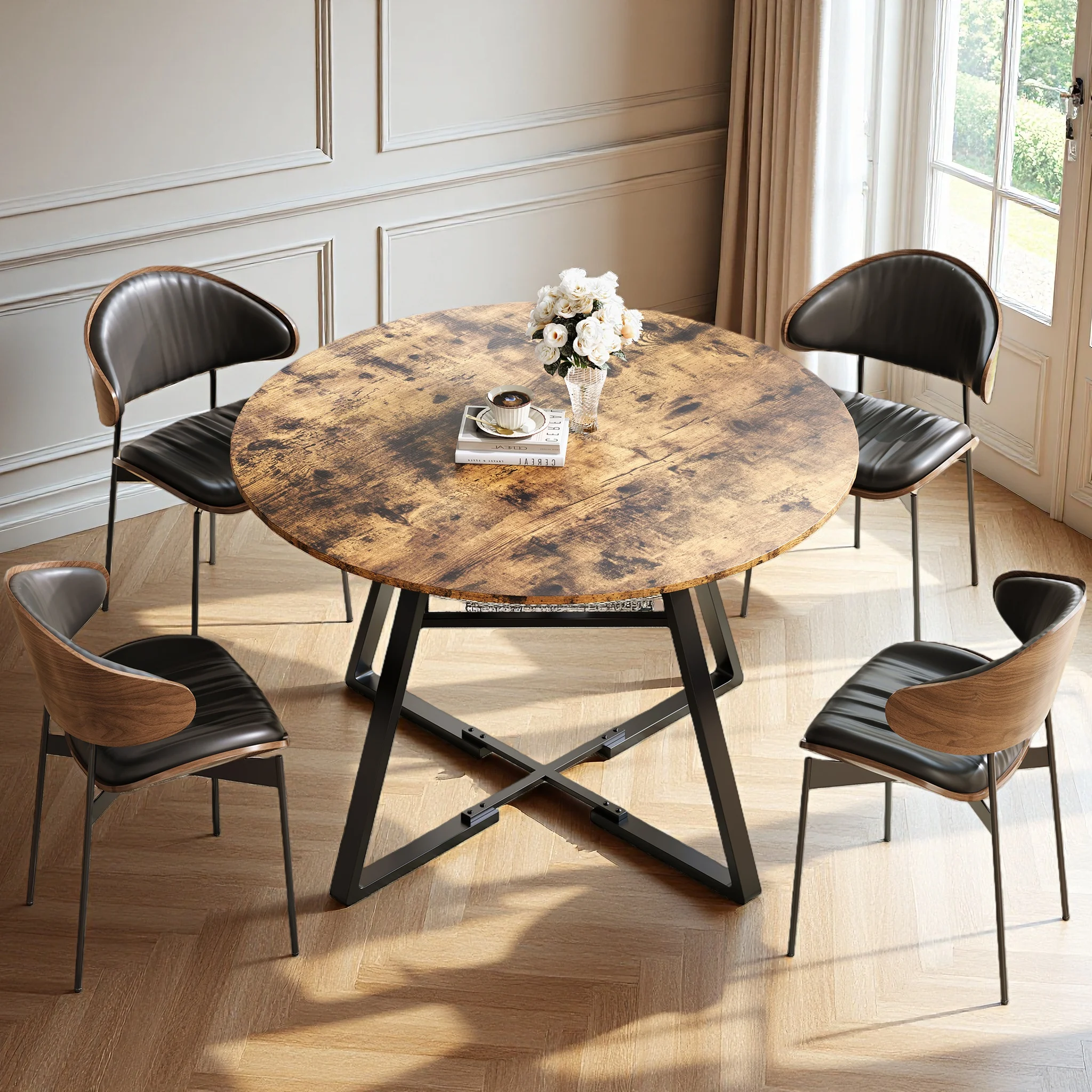 Table de salle à manger Anajqaqia, 120x120x75 cm, table ronde en bois pour la cuisine, avec étagère ouverte et pieds en métal, table de salle à manger pour la salle à manger, la cuisine et le salon.