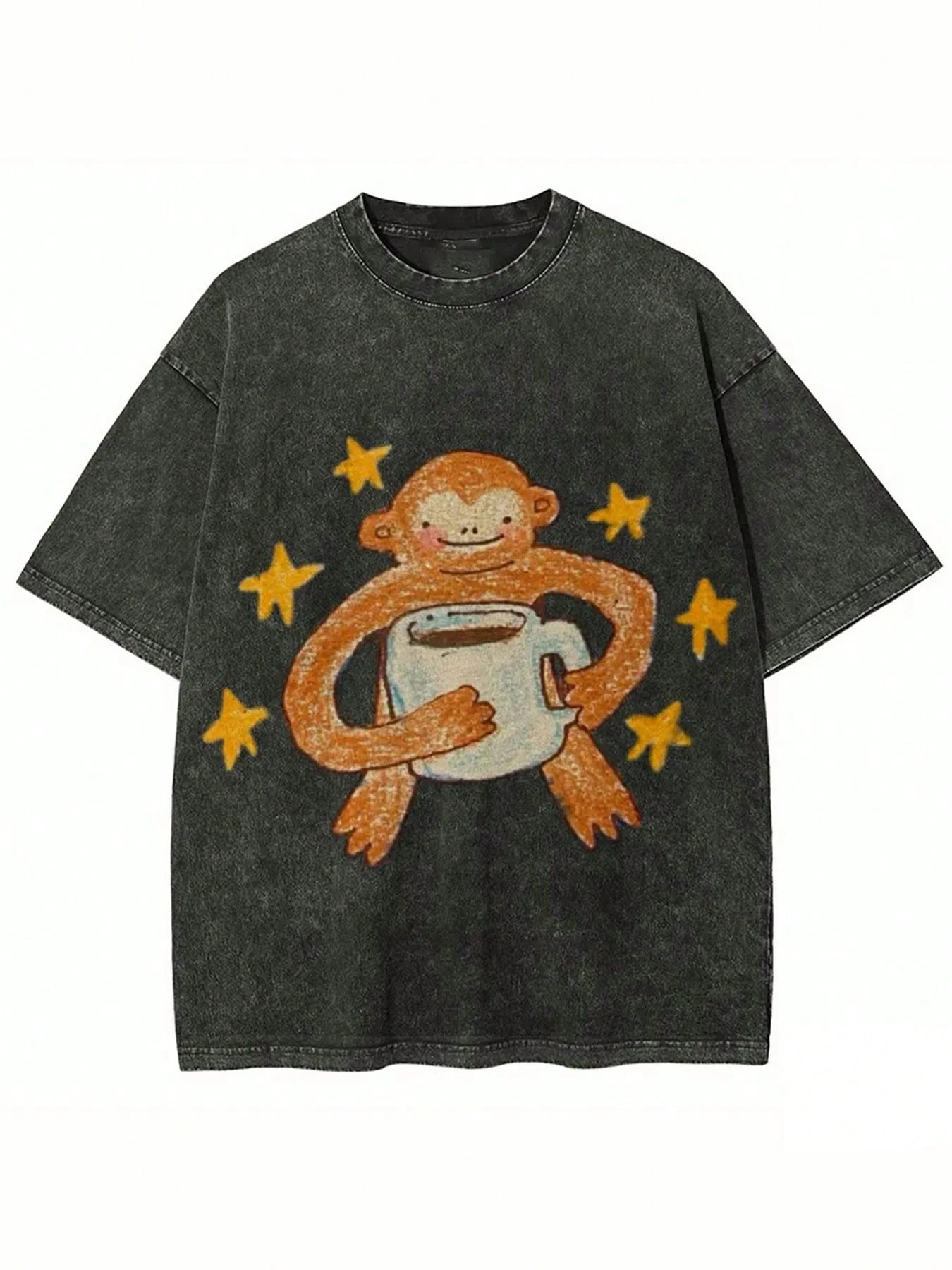 Vintage Washed BlackT-Shirt, Cute Cartoon Monkey With Coffee Cup & Yellow Stars Print Tee,Retro Distressed Oversized Short Sleeve Casual StreetwearTop