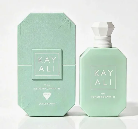Yum Pistachio Gelato 33 Kayali Eau de Parfum 100ml Bouteille à Bouchon Blanc Géométrique Menthe Parfum Doux Longue Durée