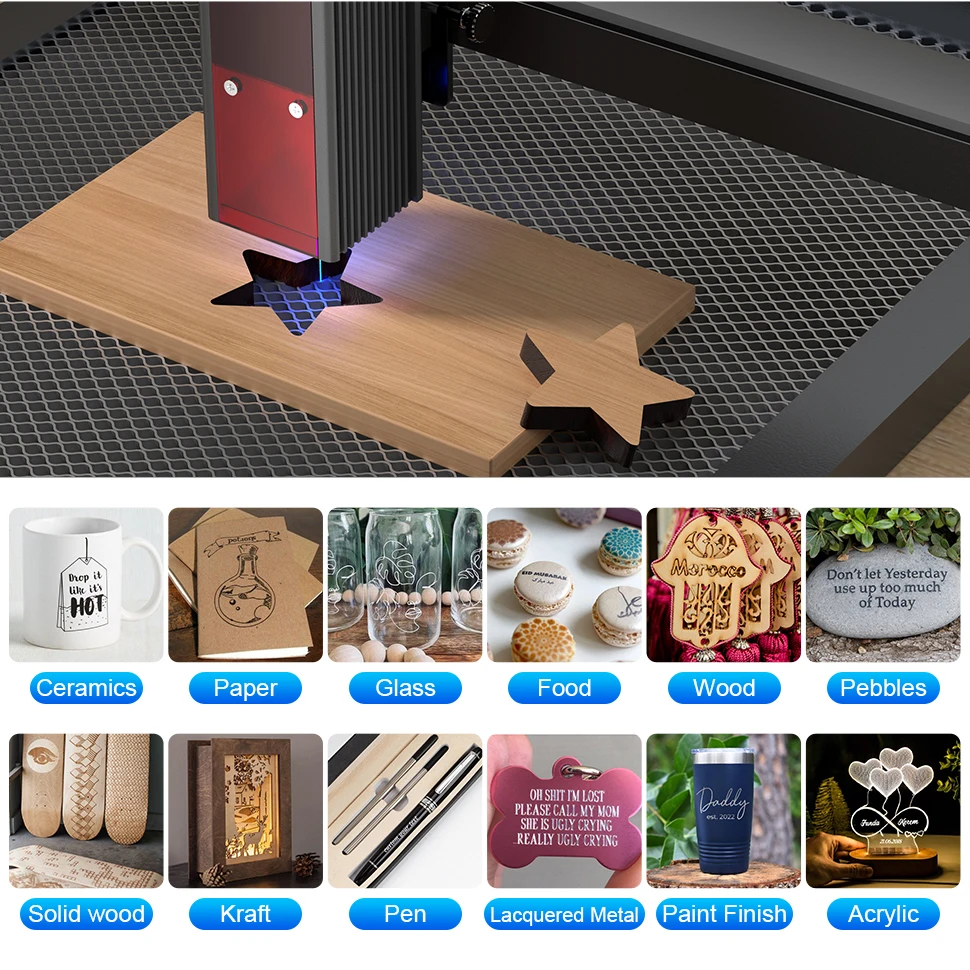 WAINLUX-máquina de grabado láser de 80W, módulo de corte de 10W, enfoque fijo, 400x400mm para Metal, madera y plástico
