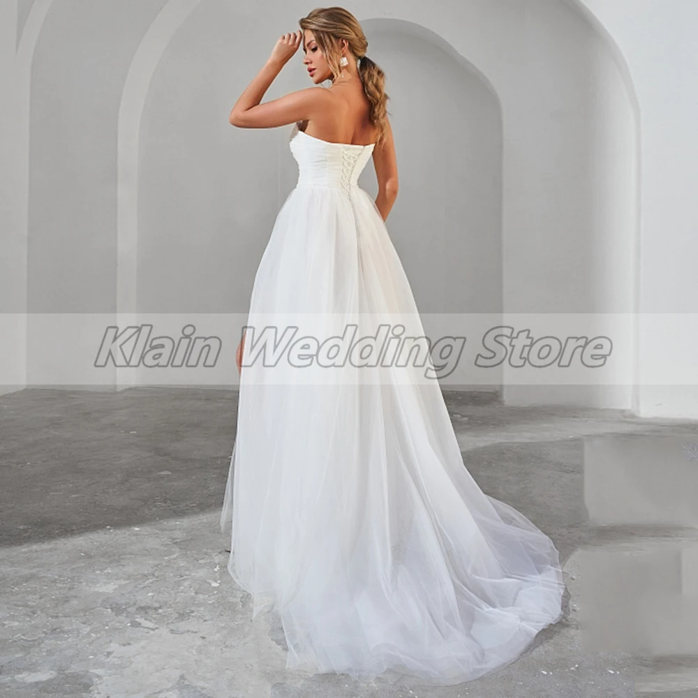 Customized Weilinsha Sexy Strapless Side Slit Backless Wedding Dress Ladies Classic Sweep Train Tulle Bridal With Beading Belt