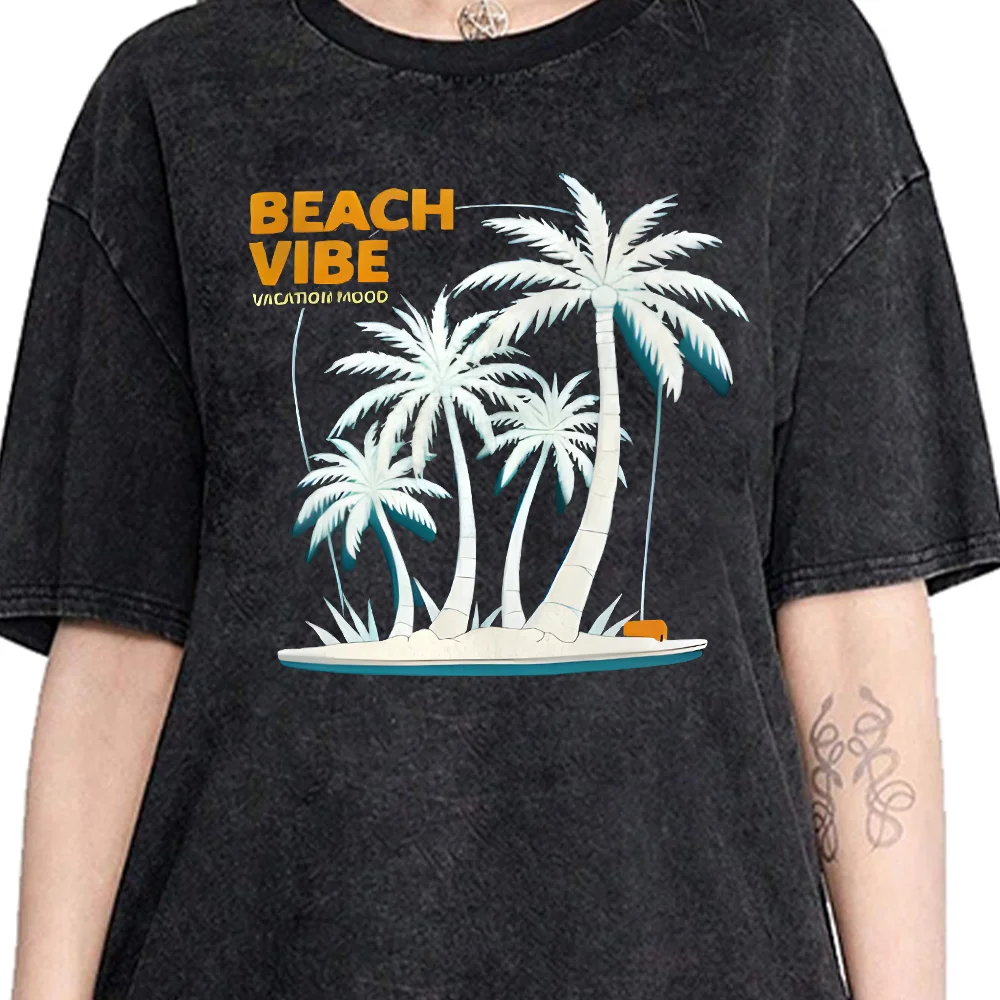

Футболка Beach Vibe, потертая черная футболка с принтом тропического пальмы, повседневный свободный топ с короткими рукавами и отпускным настроением, удобный топ