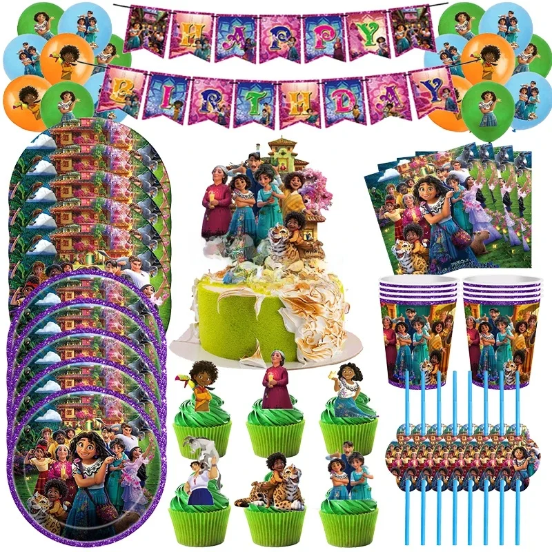 Encanto – ensemble de décoration d'anniversaire, ballon à thème Mirabel, bannière, assiette de fond, serviette, tasse, paille, fournitures de fête, cadeaux pour enfants