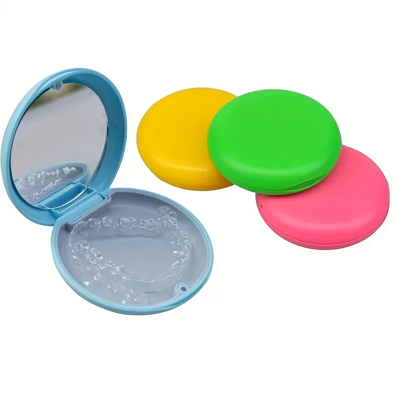 Dental Invisible Aligner Retainer Storage Case Portable Plastic Holder with Built-in Mirror for Dentures Orthodontic Appliances