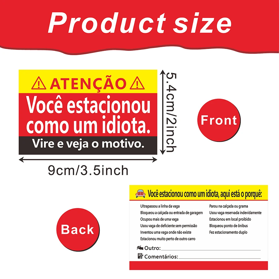 Funny Parking Violation Cards 100 pcs - Humorous Notice for Bad Parking Behavior in Portuguese - Double Sided Paper Card