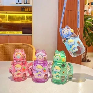 Children's School Cantile Water Bottle With 3D Stickers Straw And Handle Piggy Bear